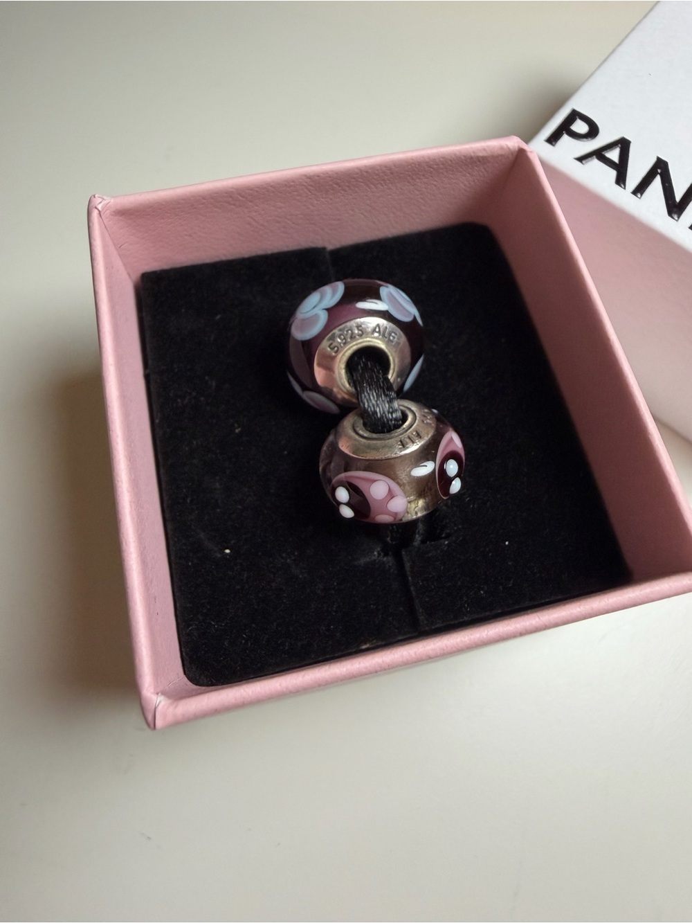 Pandora Purple Pink Floral Murano Glass Charm Pair - Picture 3 of 5